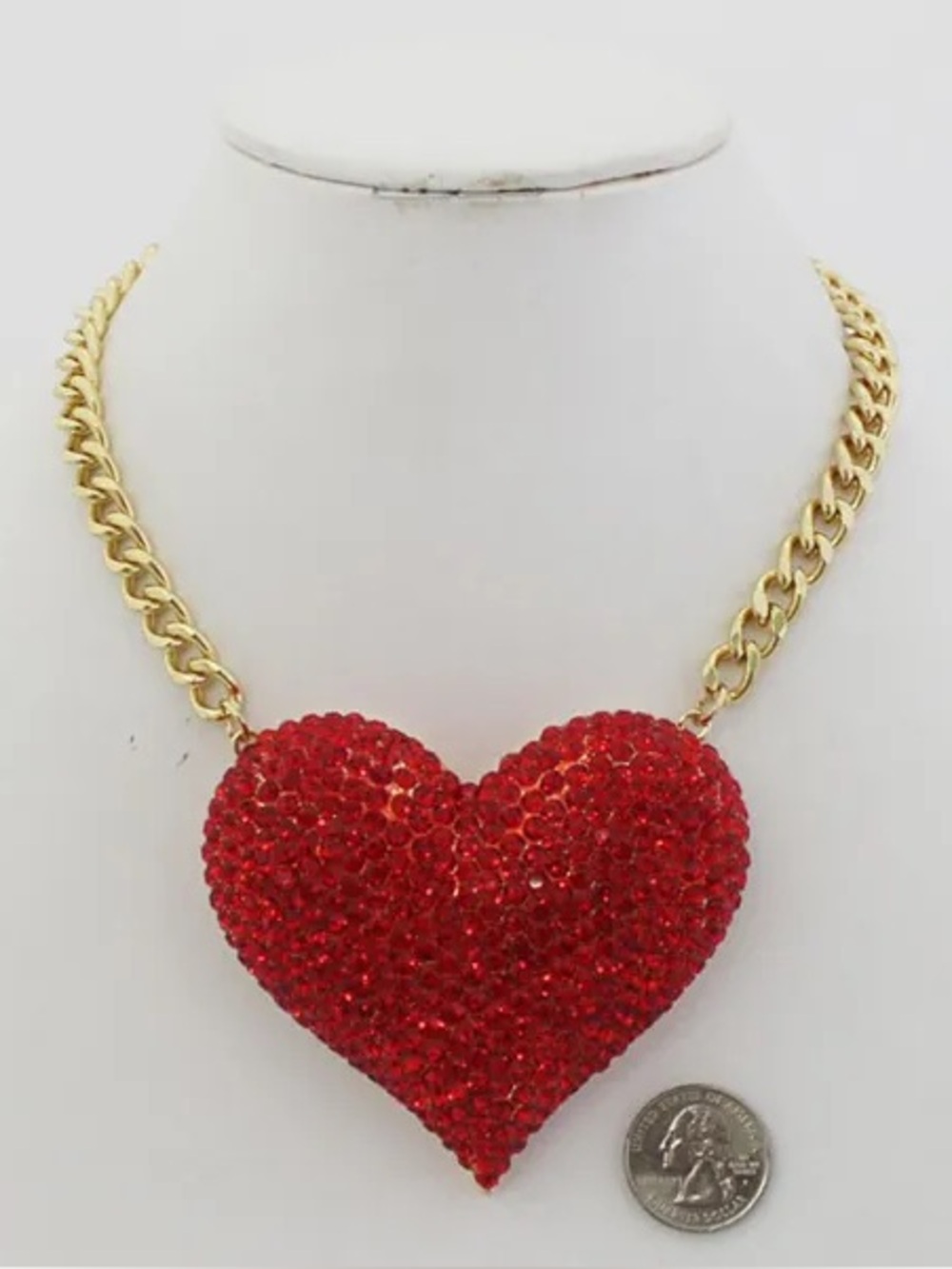 Gold Chain Necklace with Red Crystal Heart Pendant